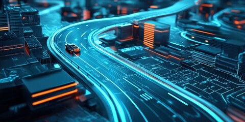 A futuristic racing game environment, where vehicles and tracks are rendered in detailed 3D, while the surrounding cityscape is a vibrant, flat 2D illustration 