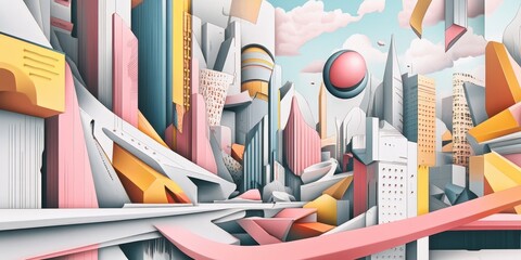 A surreal blend of 2D illustrations and 3D elements, where geometric shapes morph into complex architectural forms, all set against a futuristic cityscape backdrop 