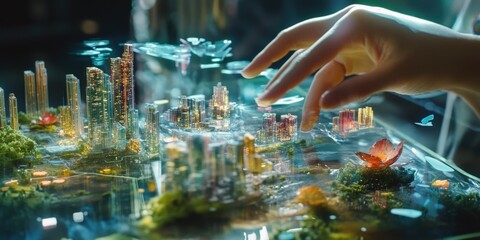 An AR interface that layers holographic 3D elements over a real-world environment, showing a user interacting with virtual objects like floating city models 