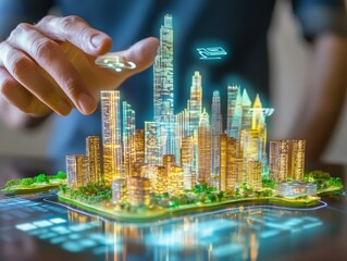 An AR interface that layers holographic 3D elements over a real-world environment, showing a user interacting with virtual objects like floating city models 