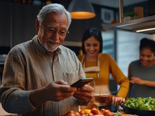 An older adult using a smartphone in a modern kitchen, with a family of different races gathered around, helping each other cook 