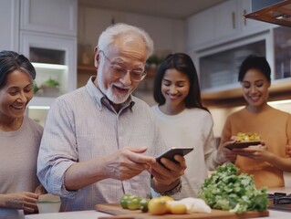 An older adult using a smartphone in a modern kitchen, with a family of different races gathered around, helping each other cook 