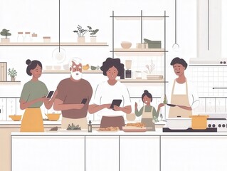 An older adult using a smartphone in a modern kitchen, with a family of different races gathered around, helping each other cook 