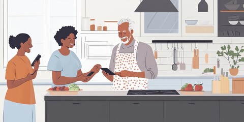 An older adult using a smartphone in a modern kitchen, with a family of different races gathered around, helping each other cook 