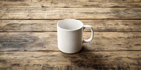 Close-up of a white coffee mug on a plain wooden table with plenty of empty space around, emphasizing simplicity and focus