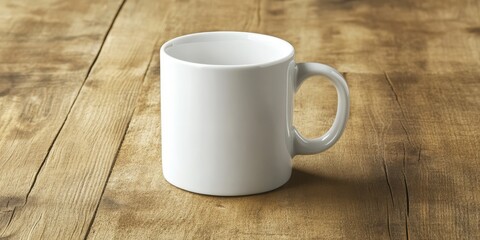Close-up of a white coffee mug on a plain wooden table with plenty of empty space around, emphasizing simplicity and focus