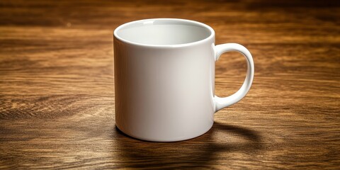 Close-up of a white coffee mug on a plain wooden table with plenty of empty space around, emphasizing simplicity and focus