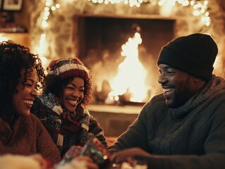 photo A cozy winter scene with a family gathered around a fireplace, exchanging gifts and laughter, the warmth of the fire reflecting on their faces
