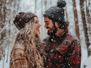 photo A couple standing in the middle of a snow-covered forest, snowflakes gently falling, their smiles radiating warmth and joy despite the cold