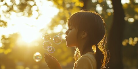 photo A young girl blowing bubbles in a sun-drenched park, the bubbles reflecting the light and creating a magical, shimmering effect in the air