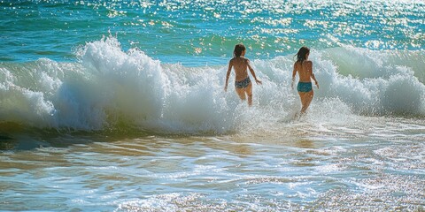 photo Two friends laughing and splashing in crystal-clear ocean waves, with vibrant reflections of sunlight dancing on the water, evoking a sense of summer joy