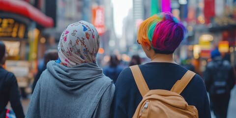 woman in a hijab and a woman with brightly colored hair walking together in a bustling city, representing friendship across cultures 