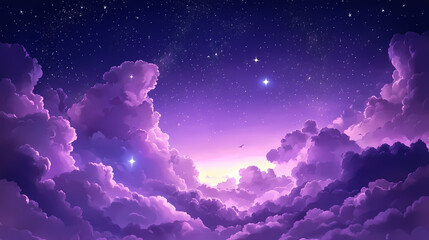 Dreamy purple sky with starry clouds, digital painting, purple, clouds, stars, sky, fantasy. Fantasy Pastel. Illustration