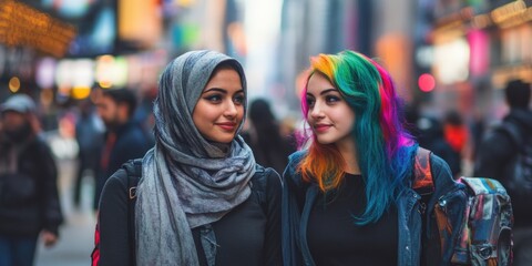 woman in a hijab and a woman with brightly colored hair walking together in a bustling city, representing friendship across cultures 