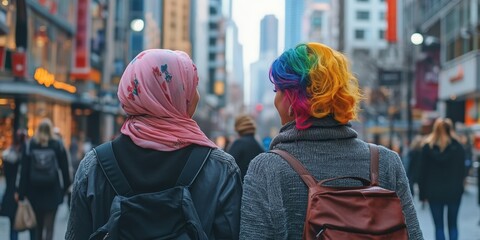 woman in a hijab and a woman with brightly colored hair walking together in a bustling city, representing friendship across cultures 