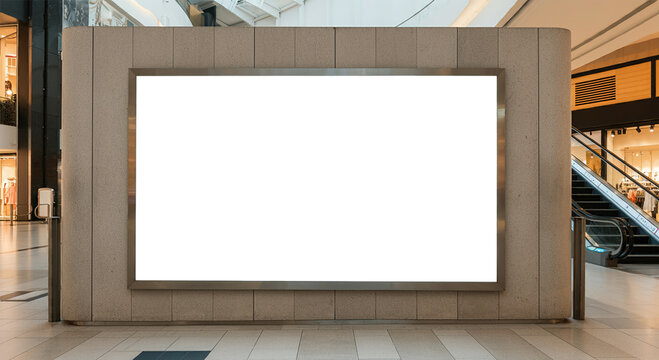 Empty mock-up billboard, modern shopping mall interior. 3D Rendering.