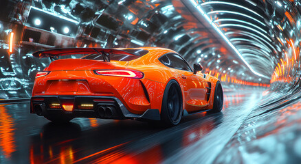 Obraz premium A bright orange sports car is driving down a tunnel. The car is the main focus of the image, and it is moving quickly. The tunnel is dark and narrow, creating a sense of claustrophobia and tension