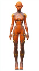 Futuristic Orange Alien Female Character in Geometric Bodysuit - Ultra-Detailed 3D Model on White Background