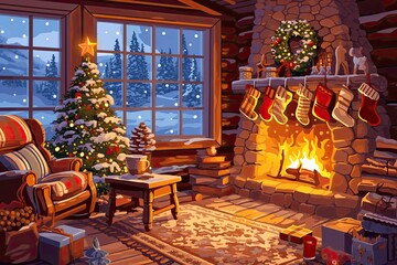 Obraz premium A cozy wooden cabin surrounded by snow-covered trees creates a warm winter atmosphere in a tranquil forest setting, capturing the essence of a peaceful holiday retreat