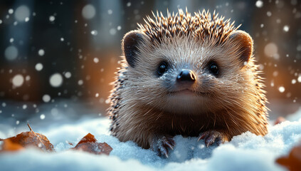 Obraz premium A small brown hedgehog is sitting in the snow with its head up. The image has a cozy and warm feeling, as the hedgehog is enjoying the winter weather