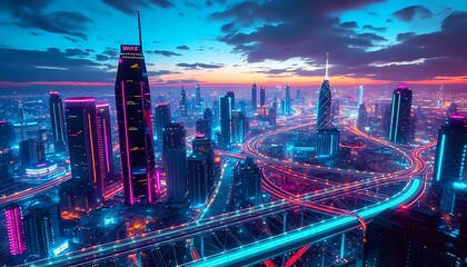 Obraz premium Vibrant Cyberpunk Cityscape at Dusk - Neon Lights and Towers