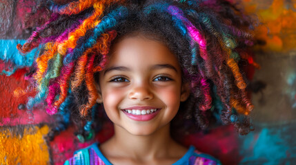 Fototapeta premium A young girl with colorful hair is smiling and looking at the camera. The image has a bright and cheerful mood, with the girl's colorful hair and her smile conveying a sense of happiness