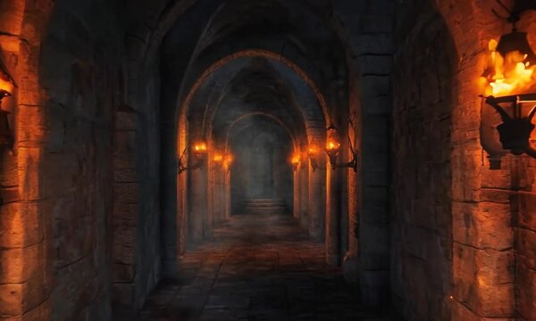 Medieval Stone Corridor with Torch Lighting