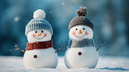 Two Amiable Snowmen in Winter Attire, radiating Warmth and Holiday Spirit against a Frosty Blue Background

