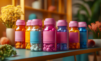 A row of colorful pills are lined up on a table. The pills are in different colors and shapes, and they are all in clear bottles. The bottles are arranged in a neat row