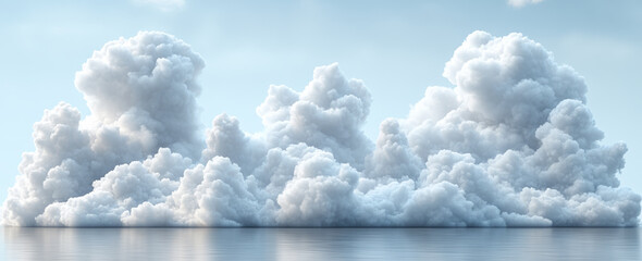 The sky is filled with clouds, creating a sense of calm and serenity. The water below reflects the clouds, adding to the peaceful atmosphere