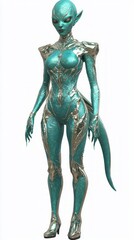 Fototapeta premium Futuristic Alien Female Character with Teal Skin and Striking Outfit on Isolated Background - Ultra-Detailed 3D Model