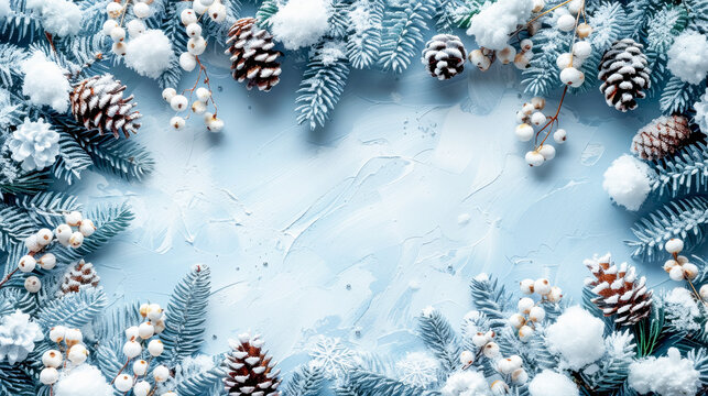 Festive New Year and Christmas background with pinecones and white decorative accents