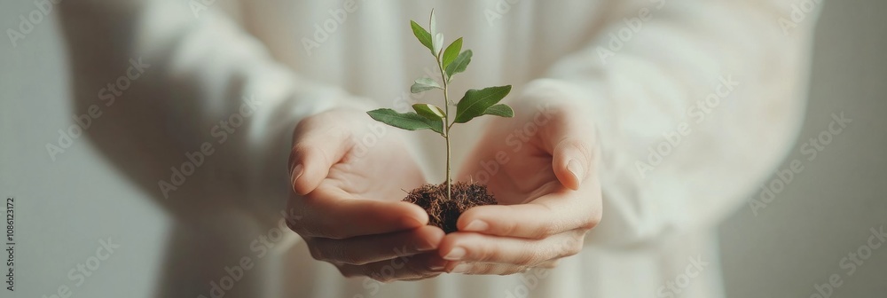 Poster two hands cradle a small green seedling with soil, symbolizing care for nature and growth in a nurtu