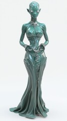 Fototapeta premium Extraterrestrial Elegance: 3D Model of Curvy Alien Female in Stylish Dress with Emerald Skin and Silver Eyes on White Background