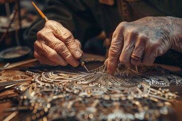 An elderly artisan skillfully carving intricate floral patterns into wood during a traditional craftsmanship session in an artisan workshop
