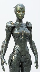Futuristic Alien Female Warrior in Metallic Armor Suit - 3D Illustration of Strong Extraterrestrial Character with Green Skin and Golden Eyes on White Background