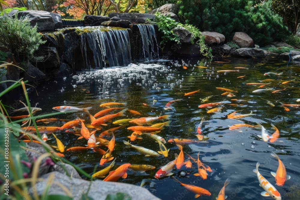 Poster a serene koi pond with colorful fish swimming near a small waterfall surrounded by lush greenery in 
