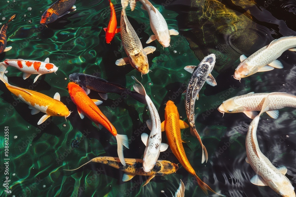 Aufkleber a serene koi pond with colorful fish swimming near a small waterfall surrounded by lush greenery in 