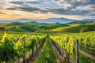 Naklejka premium Vineyards stretch across rolling hills in a serene landscape under soft evening sunlight near a calm valley with rich green foliage and trees