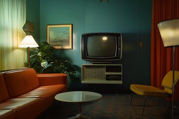 Retro Living Room with Vintage TV. Concept of 1960s Nostalgia, Mid Century Modern.
