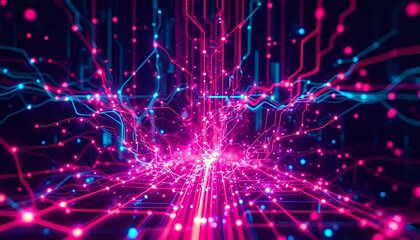 Obraz premium Neon Cyberpunk Data Visualization - Vibrant Abstract Circuit Overload Art