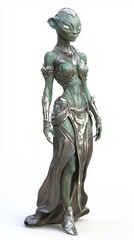Extraterrestrial Beauty - Ultra-Detailed 3D Model Alien Female Character in Stylish Dress with Emerald Skin and Silver Eyes on White Background