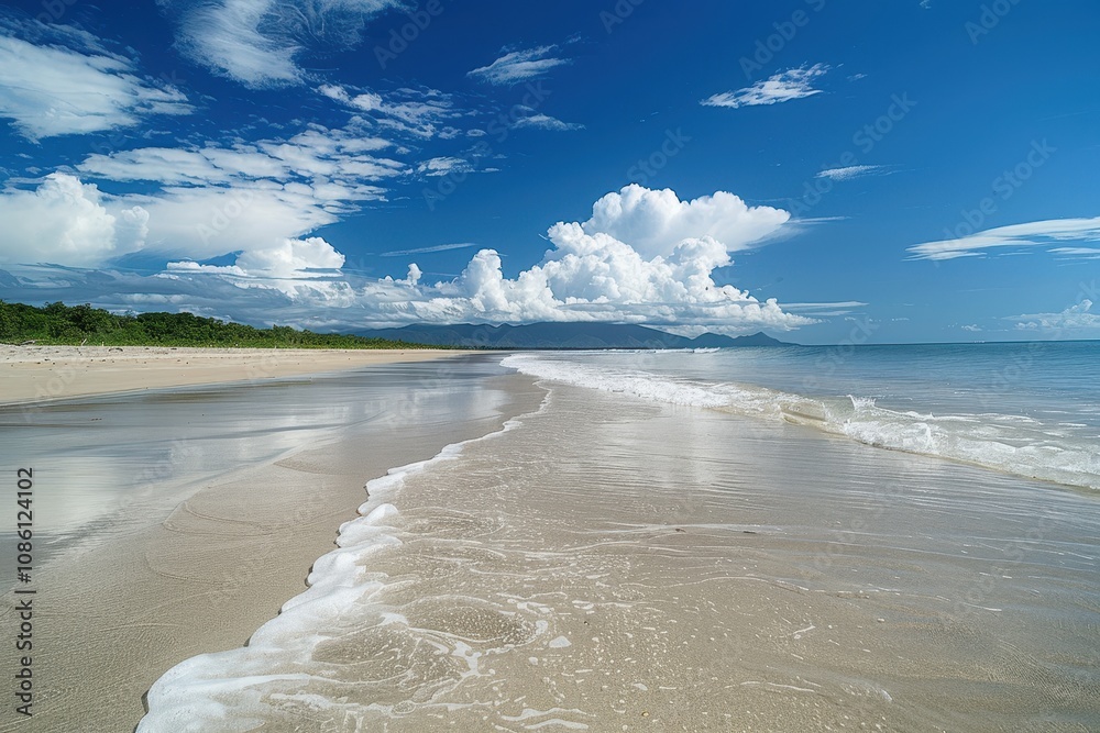 Poster a tranquil beach view showcasing gentle waves lapping the shore under a bright blue sky with fluffy 