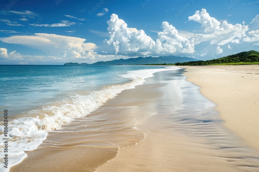 Aufkleber a tranquil beach view showcasing gentle waves lapping the shore under a bright blue sky with fluffy 