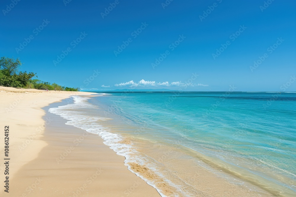 Poster a tranquil beach view showcasing gentle waves lapping the shore under a bright blue sky with fluffy 