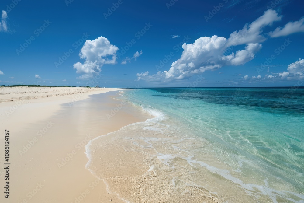 Aufkleber a tranquil beach view showcasing gentle waves lapping the shore under a bright blue sky with fluffy 