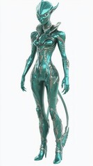 Ultra-Detailed 3D Alien Female Character with Shimmering Teal Skin on White Background