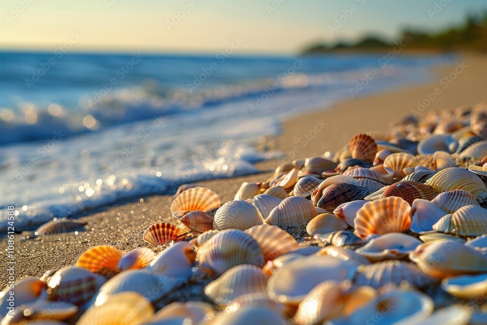 Poster colorful seashells scattered along a sandy beach at sunset with gentle waves lapping the shore and a