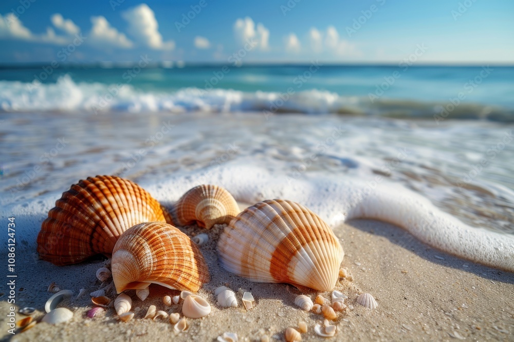 Poster colorful seashells scattered along a sandy beach at sunset with gentle waves lapping the shore and a