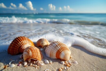 Colorful seashells scattered along a sandy beach at sunset with gentle waves lapping the shore and a serene sky in the background